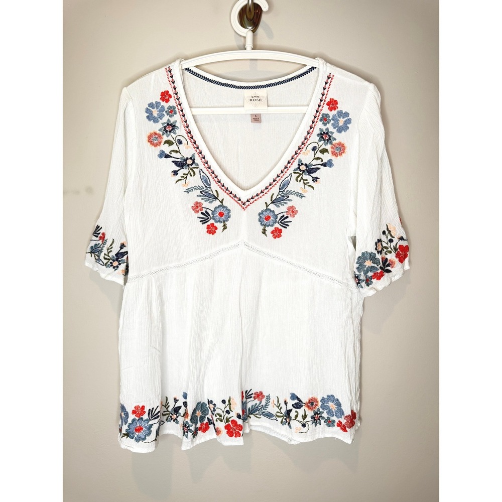 Knox Rose Embroidered Boho Peasant Guaze Top White Floral Large - Picture 2 of 6